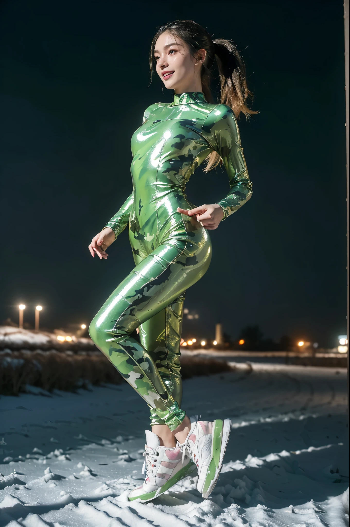 ((((8k))),((Extremely meticulous CG)) ,(wallpaper),16k,((Extremely refined and beautiful))，(((Masterpiece))),(((best qualtiy))),(((Ultra High Resolution))),beautiful light up,Perfect lightning,realistic shaded,[A high resolution],(Smooth and flawless fair skin:1.5),(pale skin:1.3),(shiny skin:1.5),Extremely exquisite facial details,(perfect body:1.1),ultra-detailed,a girl,solo,small head,(short pony tail:1.3),(hair flying:1.1),small face,Exquisite makeup,((blush,female orgasmic,ahegao)),(sweat:1.4),slim,thin,happy,(Smile:1.2),(small breasts:1.1),flat chest,(green camouflage full-body latex suit:1.3),(slender legs,(round hips,sharply hips),(sneakers:1.2),(night scene:1.5),outdoor,(In a residential area,in the garden,on the path),high-rise building,(snow scape:1.2),winter,(detailed background:1.5),(running:1.3),(full body:1.3),(from front:1.3),(dim light:1.2)