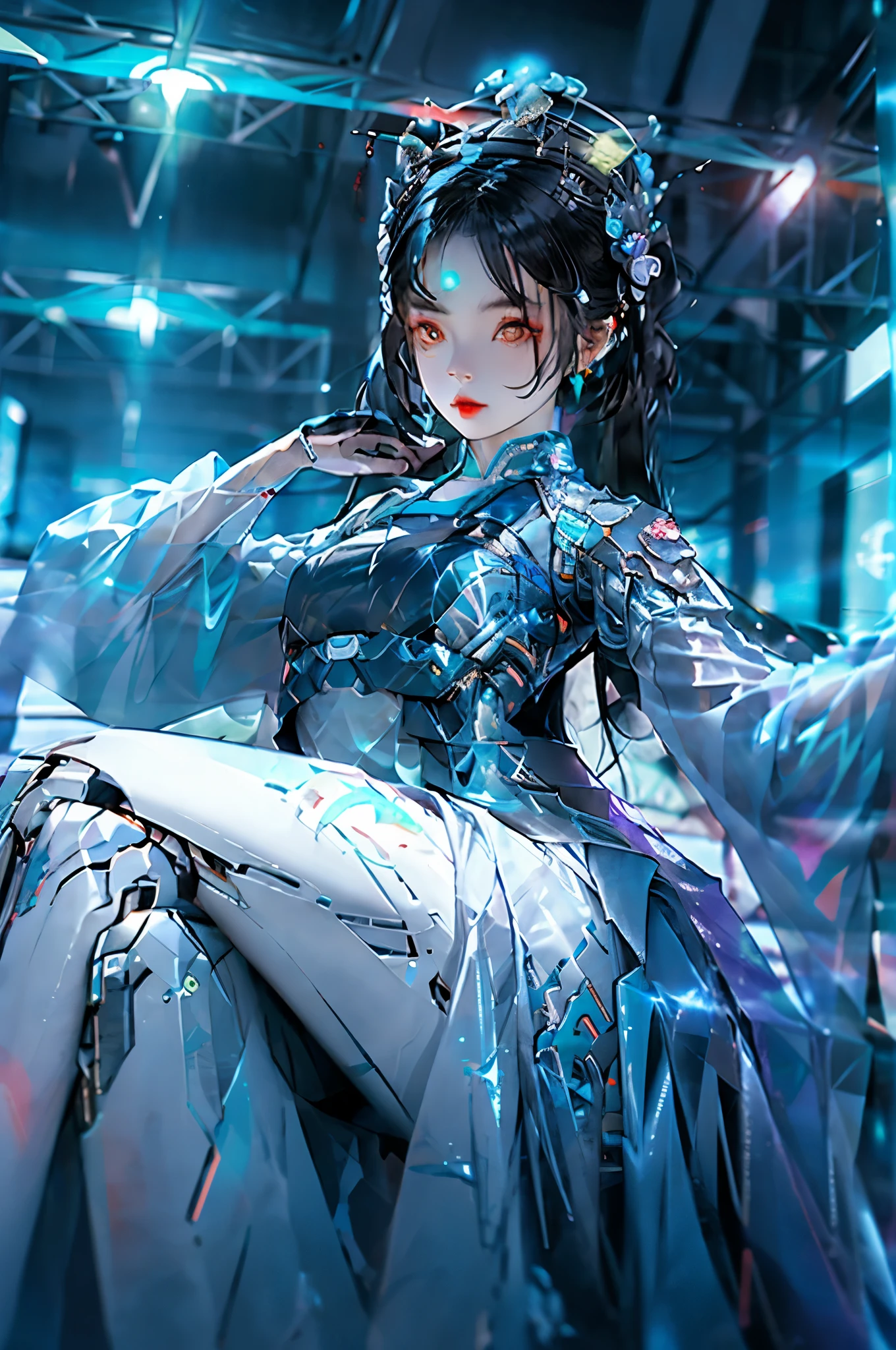 (Online Hanfu, hanfu, Tang Feng, futuristic, Hi-Tech City, girl, dynamic poses, hair accessories, long hair, crown, Cyberpunk City, Holographic Halo, fluorescence, futuristic elements)
