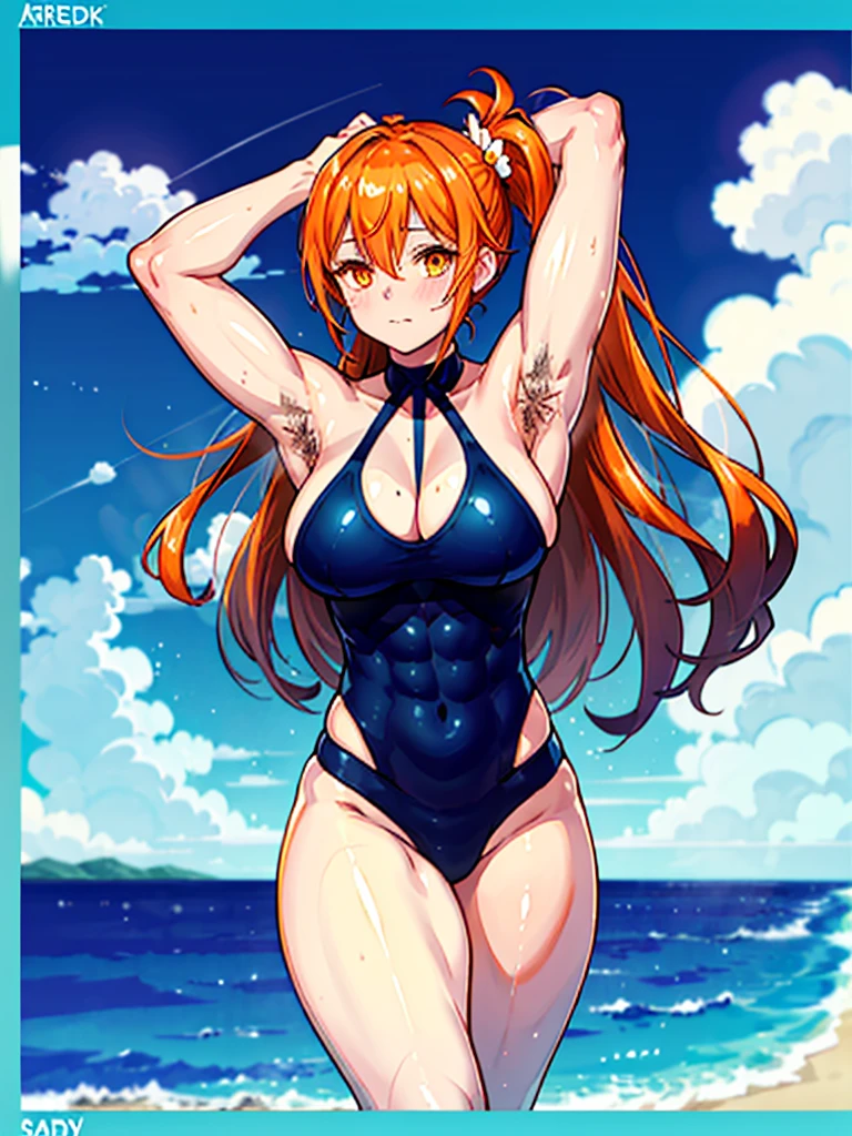 (((masterpiece、Highest image quality、highest quality、highly detailed unity 8kwallpaper)))、((Illustration of one girl))、(((beautiful girl)))、((orange hair、side ponytail、sidelocks:1.4、orange eyes))、(((stocky build, thickset physique:1.3, muscular legs, broad shoulders, solid chest:1.3、hairy armpits:1.4)))、(armpit hair:1.4)、swimsuit、sandy beach