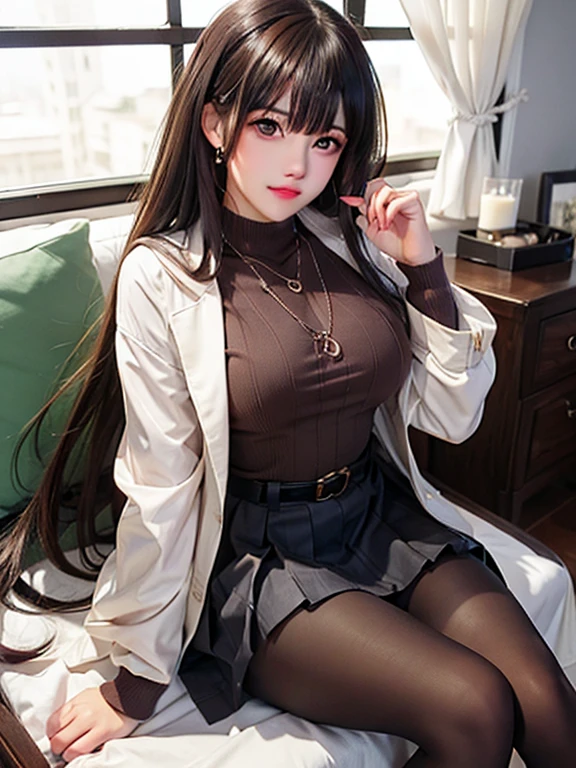 (((best quality))), 1 girl, brown hair, sweater, jacket, , purple eyes, long hair, Default skin, skirt, even, , necklace, sitting