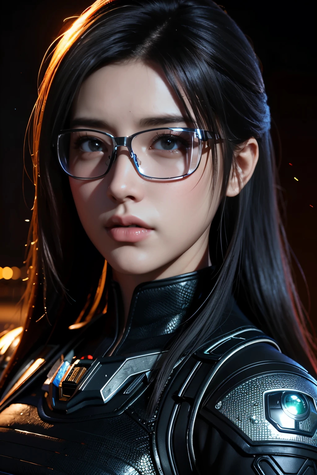 Masterpiece，The best qualities，Very high resolution，8K，((Portrait))，((Head close-up))，Original photo，real photo，数码摄影， (Cyberpunk-style female cops of the future world)，(Fighting girl)，22岁少女，(Long hair in a casual style，Blue)，An eye rich in detail，((Lachrymal nevus))，嘴唇光泽，(优雅迷人，冷漠高贵)，(Future combat clothing full of mechanical style，A garment that combines the characteristics of a police uniform，A fancy badge，An intricate pattern of clothing，Glittering jewels，Joint Armor，Metallic luster，Power Armor，Red and white)，(Holographic light-emitting glasses full of futuristic style)，赛博朋克人物，未来风格， 拍照姿势，街道背景，Movie lights，Ray tracing，Game CG，((3D Unreal Engine))，oc渲染反射纹理