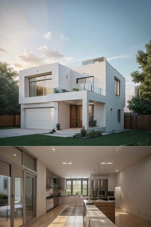 Create a high-quality and visually appealing image of a 3D house model. Consider the following specifications:
The house should have a modern design with clear architectural elements.
Include key features such as doors, windows, a roof, and landscaping for realism.
Pay attention to lighting and shading to enhance the overall aesthetic.
Ensure a perspective that allows for a comprehensive view of the entire house. make sure house view is should be correct so i can view entire house