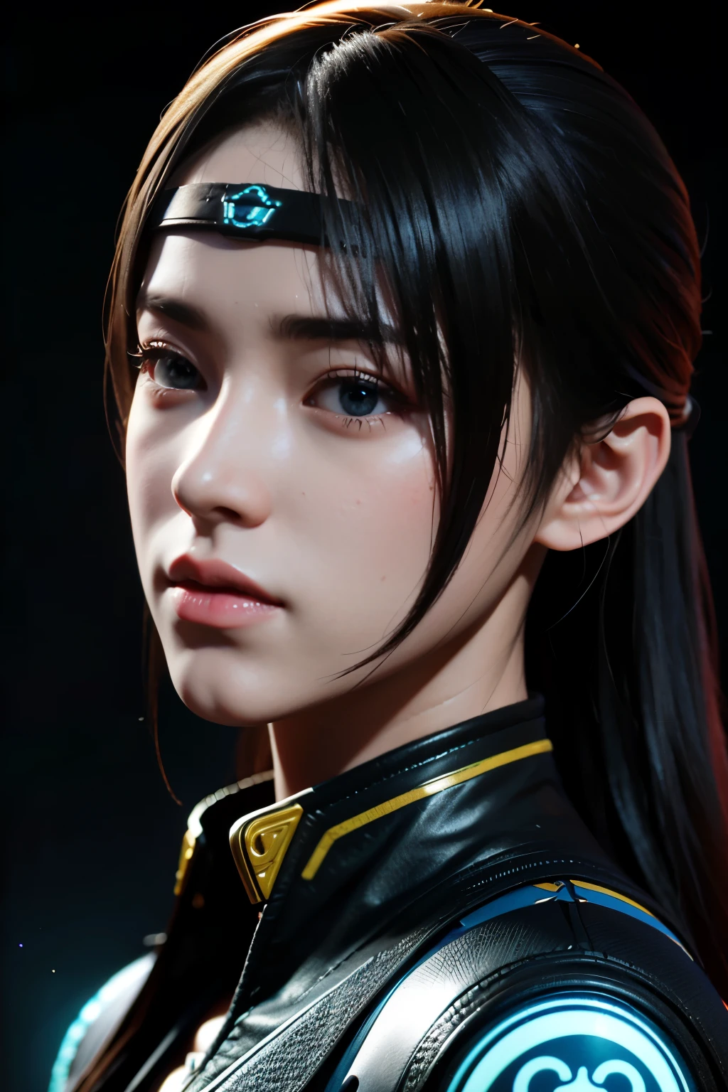 Masterpiece，The best qualities，Very high resolution，8K，((Portrait))，((Head close-up))，Original photo，real photo，数码摄影， (Cyberpunk-style female cops of the future world)，(Fighting girl)，22岁少女，(Long hair in a casual style，Blue)，An eye rich in detail，((Lachrymal nevus))，嘴唇光泽，(优雅迷人，冷漠高贵)，(Futuristic electronic style clothing，Complex electronic pattern design，An ancient and mysterious pattern)，赛博朋克人物，未来风格， 拍照姿势，街道背景，Movie lights，Ray tracing，Game CG，((3D Unreal Engine))，oc渲染反射纹理