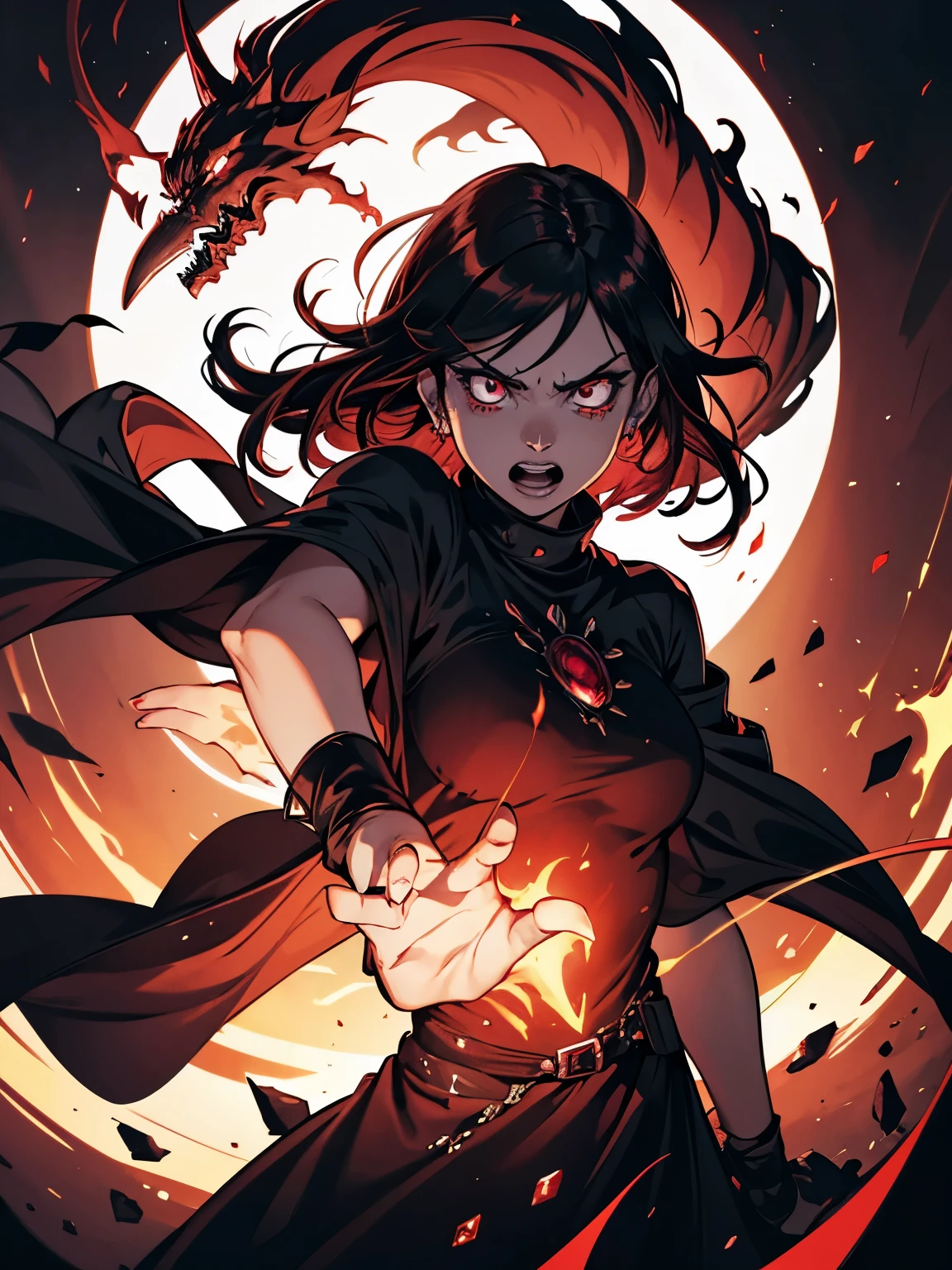 The black flame expands outward, enveloping Ruby in the process. In her panic, Ruby screams in fear for her own safety, right hand to the front, right hand try to reach somthing