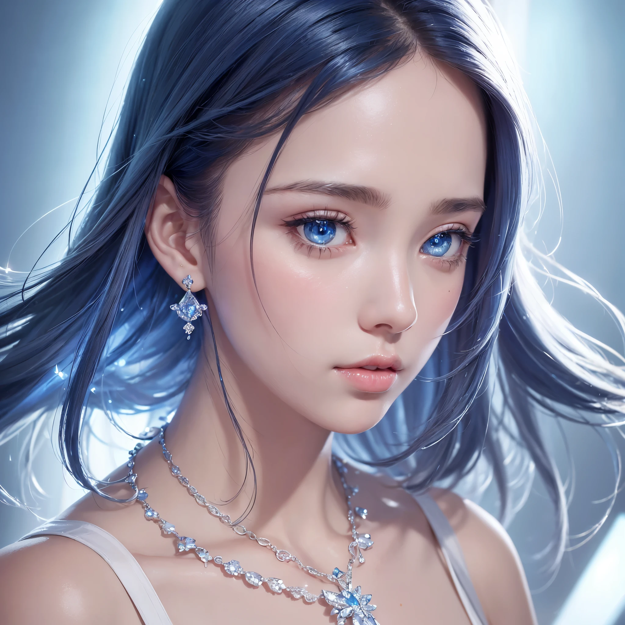 masterpiece, best quality, illustration, sax blue, platinum earrings, platinum necklace, white dress, 1girl, cute, (dynamic lighting:1.2), cinematic lighting, delicate facial features, detailed eyes, sharp pupils, realistic pupils, depth of field, bokeh, sharp focus, (hyper-detailed, bloom, glow:1.4), many small gems