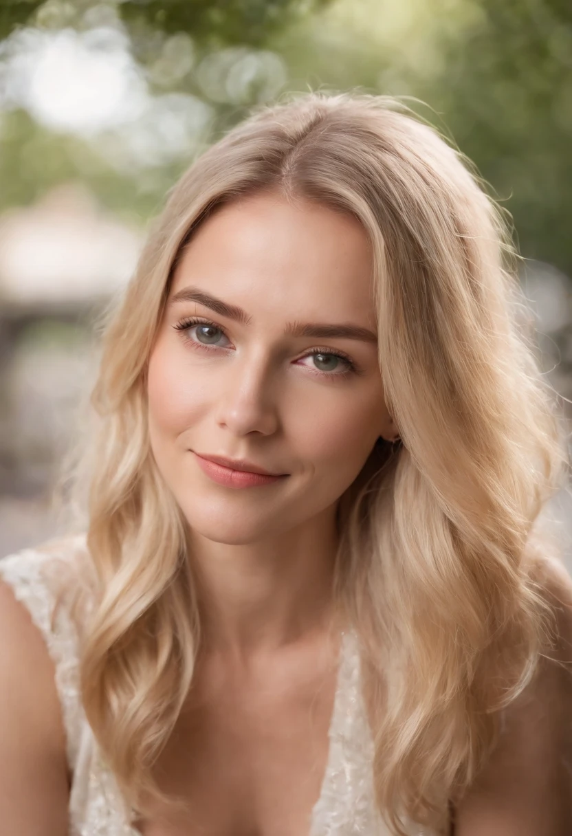 michell with peaceful face, blondi hair, happy, sitted in the park town, high contrast, professional lighting, uhd