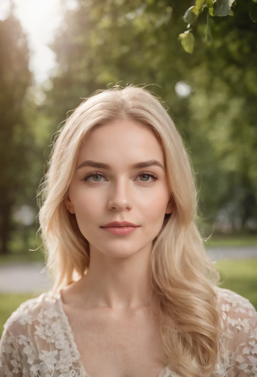 michell with peaceful face, blondi hair, happy, sitted in the park town, high contrast, professional lighting, uhd