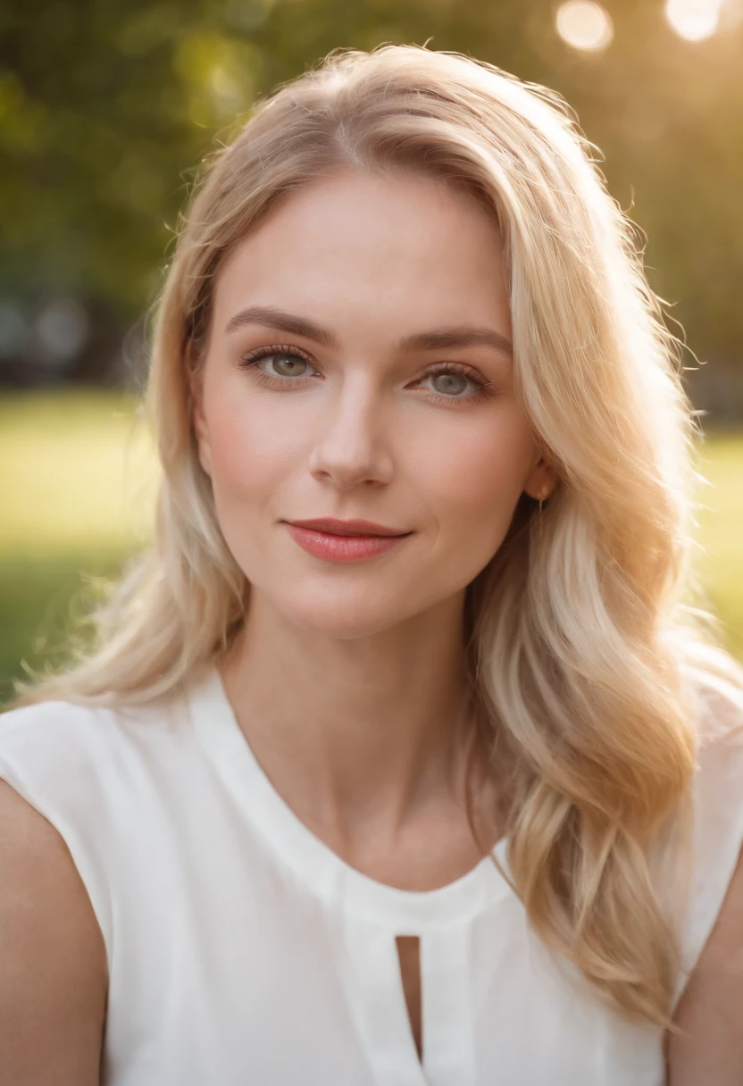 michell with peaceful face, blondi hair, happy, sitted in the park town, high contrast, professional lighting, uhd