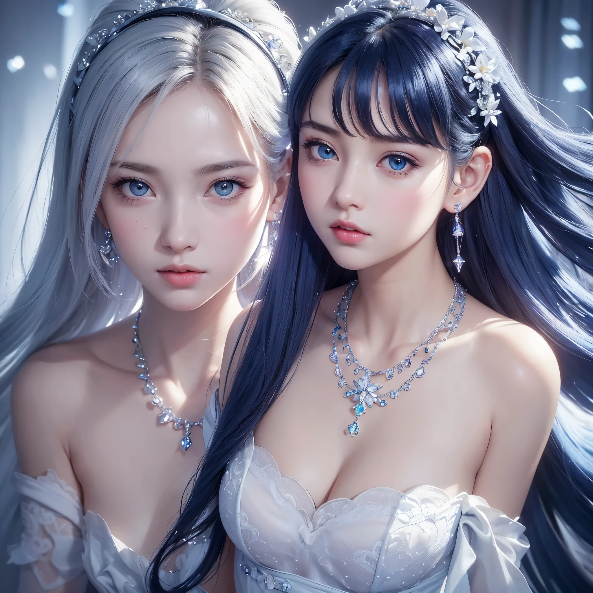 masterpiece, best quality, illustration, sax blue, platinum earrings, platinum necklace, white dress, 1girl, cute, (dynamic lighting:1.2), cinematic lighting, delicate facial features, detailed eyes, sharp pupils, realistic pupils, depth of field, bokeh, sharp focus, (hyper-detailed, bloom, glow:1.4), many small gems