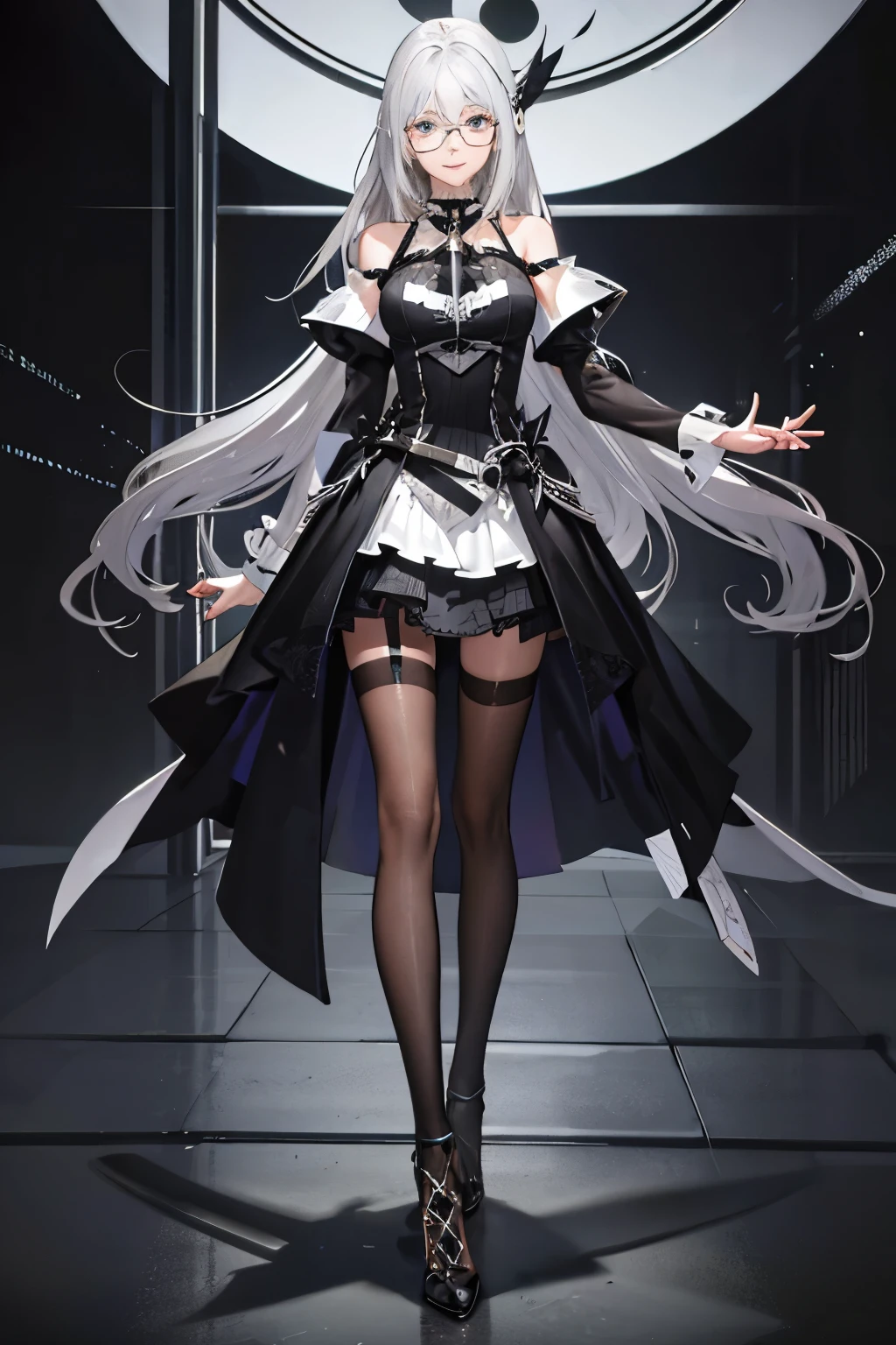 whole body, High heel, black stockings, correct limbs, correct finger, stand, silver hair, slim girl, blue eyes, Glasses, silver hair, grey hair, long hair, eyeball, makeup, laughing, multicolored eyes, high detail, modern, ray tracing, stereogram, first-person view, high details, masterpiece, 1080P, highres