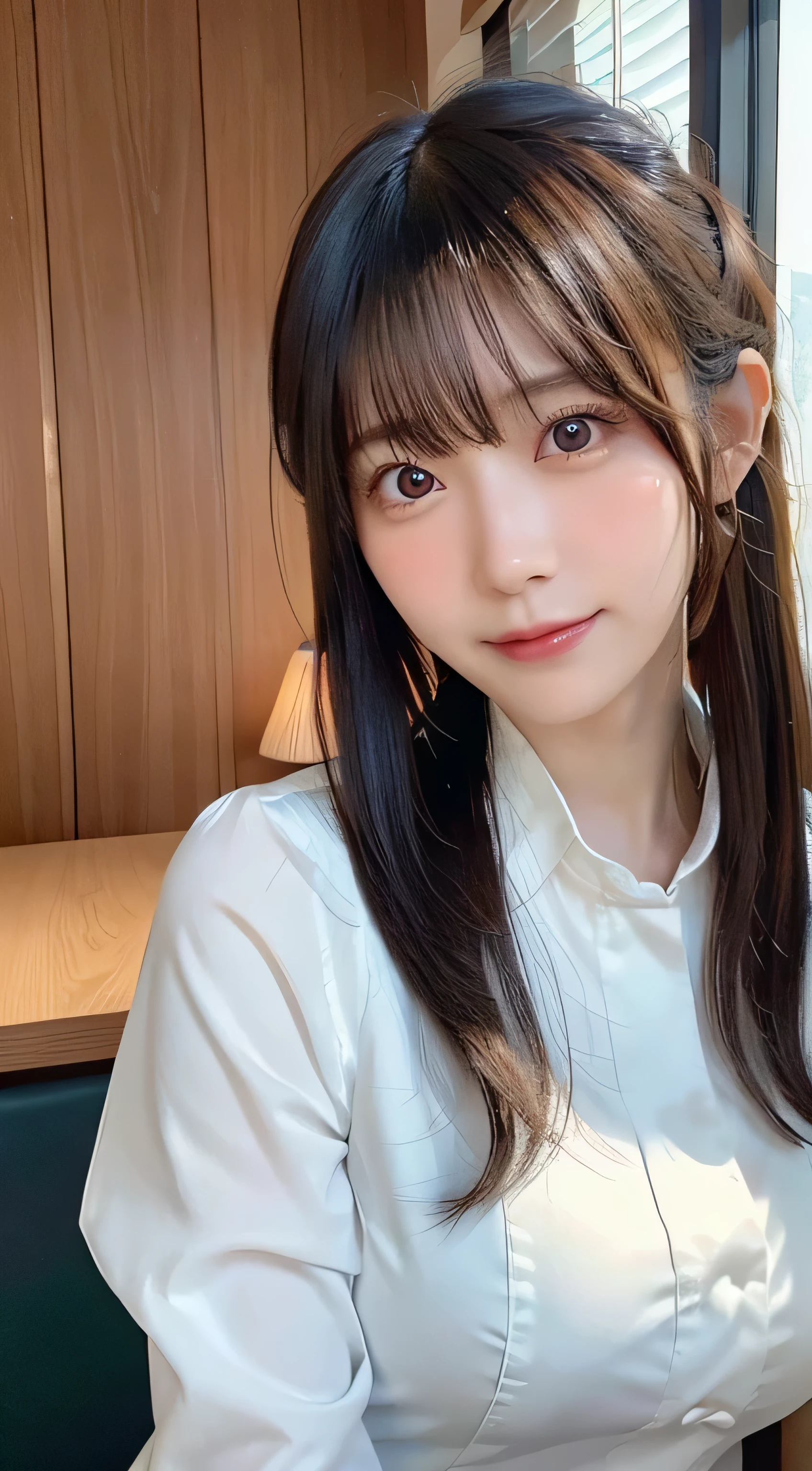 (top-quality,​masterpiece:1.3,超A high resolution,),(ultra-detailliert,Caustics),(Photorealsitic:1.4,RAW shooting,)Ultra-realistic capture,A highly detailed,High resolution 16K human skin close-up。 Skin texture  natural、,The pores are、Must be detailed enough to be easy to identify。 Skin should look healthy with even tones。 Use natural light and color,resturant,Waitress Uniform,女の子1人,japanes,18year old,kawaii,A dark-haired,poneyTail,large boob,smil,Turn your body to the front,(front-facing view:1.1),Looking at the camera,cowboy  shot,