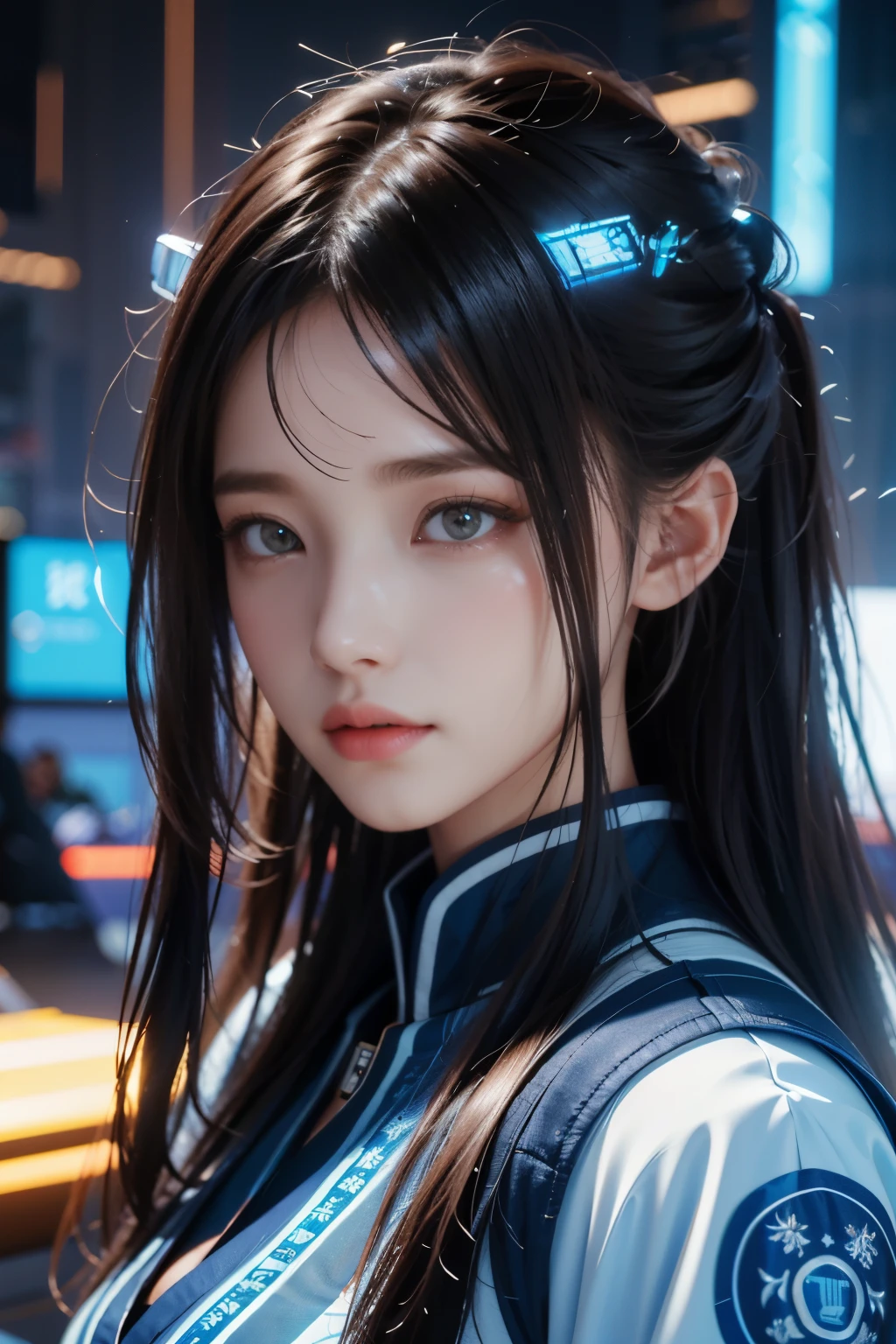 Masterpiece，The best qualities，Very high resolution，8K，((Portrait))，((Head close-up))，Original photo，real photo，数码摄影， (Cyberpunk-style female cops of the future world)，(Fighting girl)，22岁少女，(Long hair in a casual style，Blue)，An eye rich in detail，((Lachrymal nevus))，嘴唇光泽，(优雅迷人，冷漠高贵)，(Futuristic electronic style clothing，Complex electronic pattern design，An ancient and mysterious pattern)，赛博朋克人物，未来风格， 拍照姿势，街道背景，Movie lights，Ray tracing，Game CG，((3D Unreal Engine))，oc渲染反射纹理