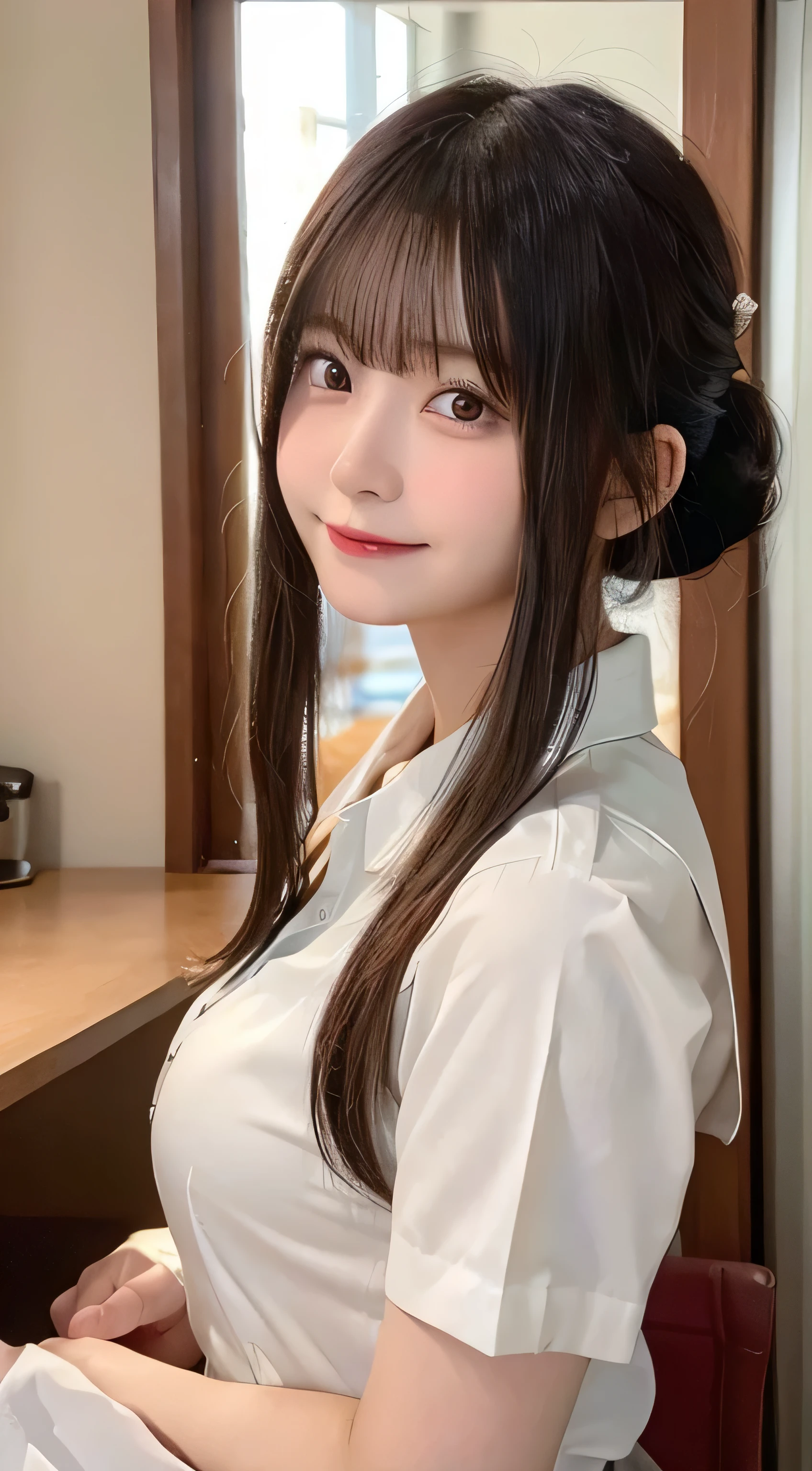 (top-quality,masterpiece:1.3,超A high resolution,),(ultra-detailliert,Caustics),(Photorealsitic:1.4,RAW shooting,)Ultra-realistic capture,A highly detailed,High resolution 16K human skin close-up。 Skin texture natural、,The pores are、Must be detailed enough to be easy to identify。 Skin should look healthy with even tones。 Use natural light and color,resturant,Waitress Uniform,1人,japanes,18year old,kawaii,A dark-haired,poneyTail,large boob,smil,Turn your body to the front,(front-facing view:1.1),Looking at the camera,cowboy shot,