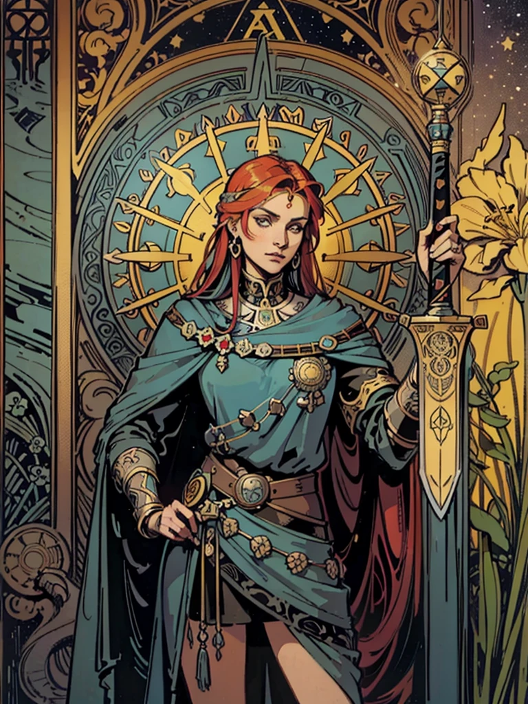 (Flat color:1.1),(Colorful:1.3),(Masterpiece:1.2),a Spartan warrior holding a sword l , in style of anne stokes, Lady deatch, realism tattoo design, karol bak , black and grey tattoo style, detailed portrait of leady deatch. detailed wallpaper,Solo, starry sky,tarot card layout,Best quality, Masterpiece, (Realistic:0.6), Realistic lighting,Flower frame, Decorative panels, abstract artistic, Alphonse Mucha (tmasterpiece, best qualtiy, A high resolution: 1.4), A detailed, Complicated details, 4K,cerulean, Line art, Fibonacci