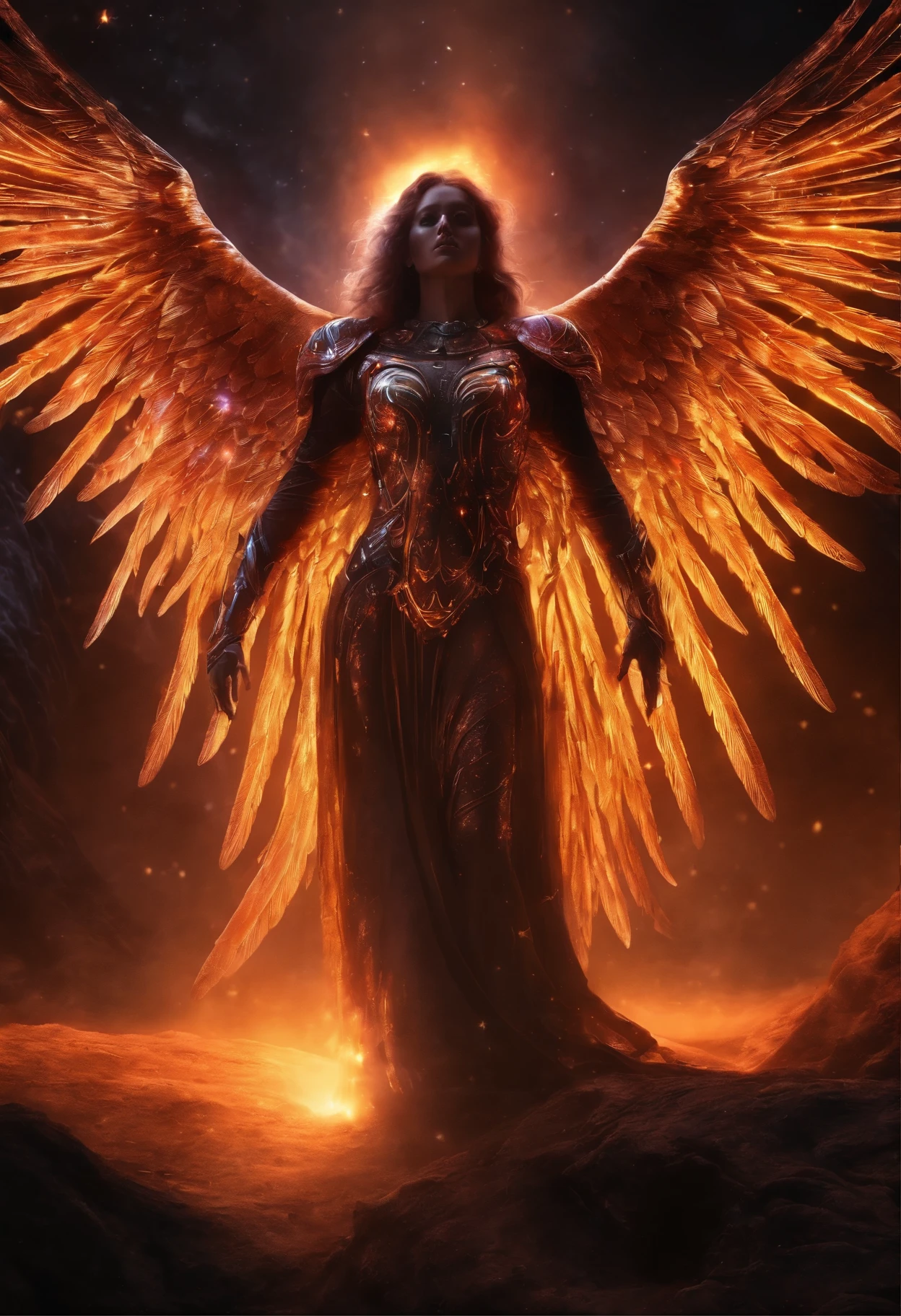 Cosmic Fallen Angel, glowing light eyes, Biomechanical, eerie, Creepy, nightmarish, Very bright colors, Light particles, with light glowing, Mshiv, wallpaper art, UHD wallpaper