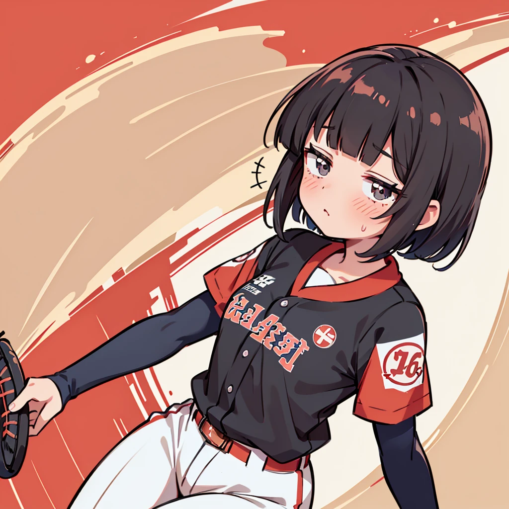 1girl, (solo), ((Blunt bangs)), (black short hair), black eyes, (おでこ出し), ((copper-hairpin on her right bang)), ((baseball uniform)),(((ピッチャー))), 振りかぶってボールを投げる, (red stripe uniform)), Hiroshima carp,
masutepiece, Best Quality,
full body shot, exciting, sweat,