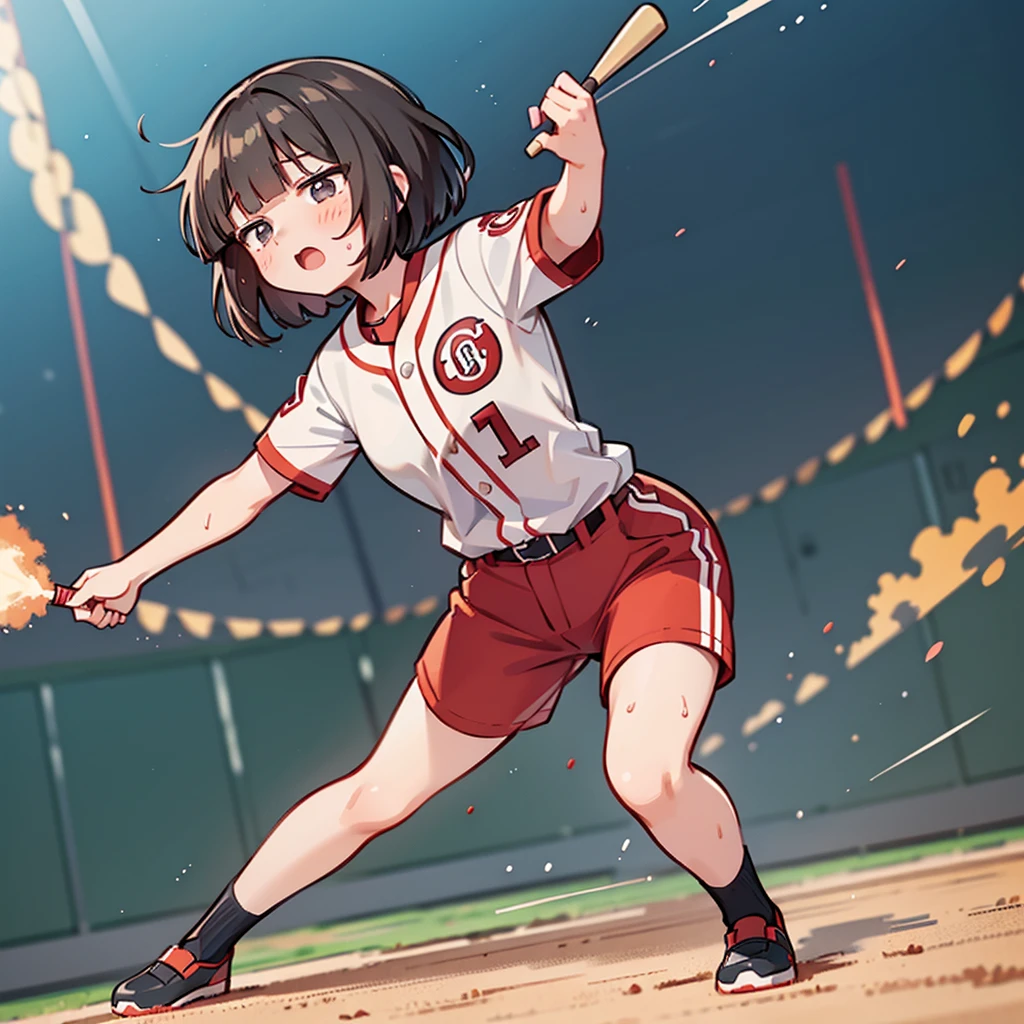 1girl, (solo), ((Blunt bangs)), (black short hair), black eyes, (おでこ出し), ((copper-hairpin on her right bang)), ((baseball uniform)),(((ピッチャー))), 振りかぶってボールを投げる, (red stripe uniform)), Hiroshima carp, 
masutepiece, Best Quality, 
full body shot, exciting, sweat,
