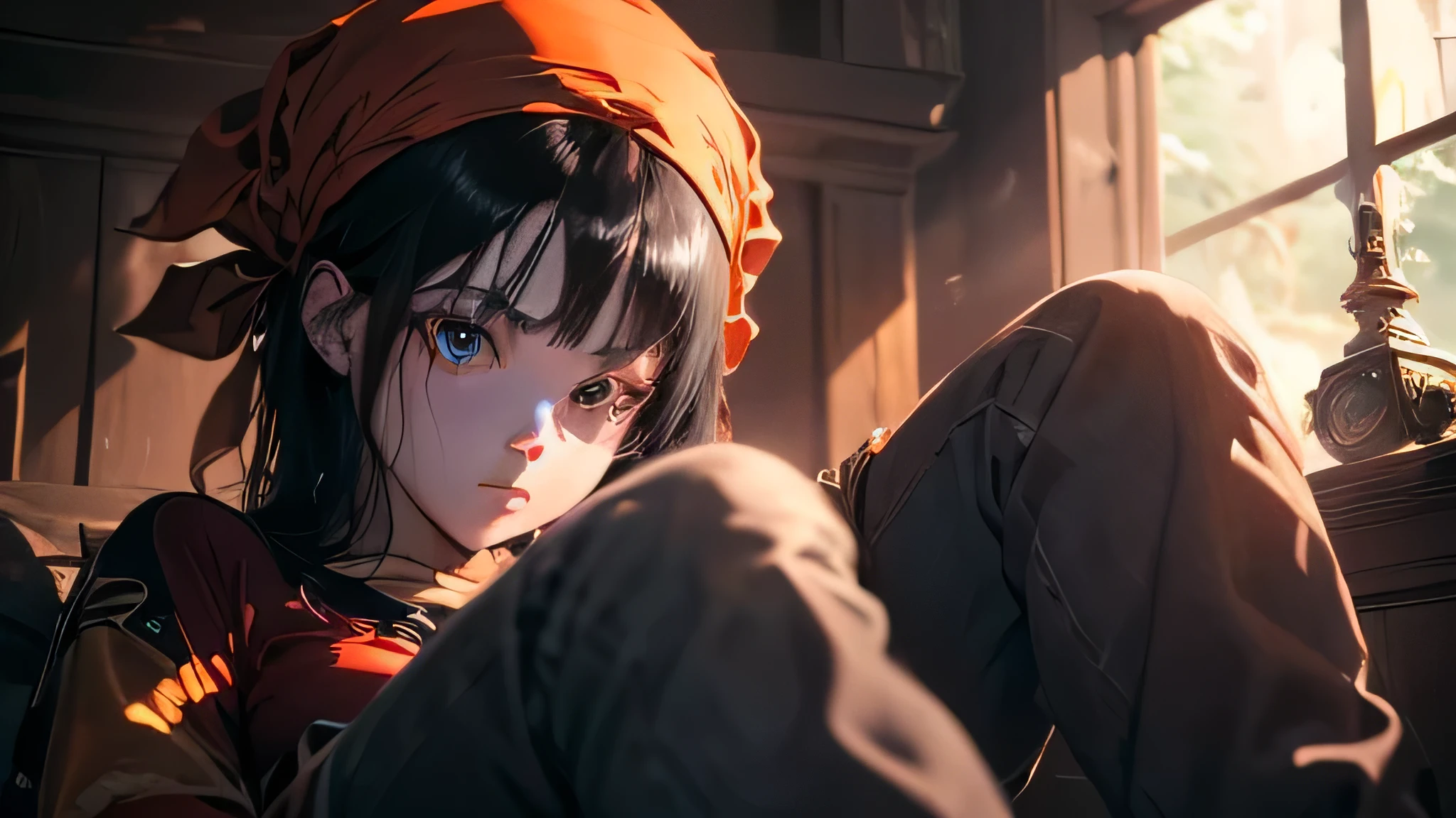 (8k, best quality, masterpiece:1.2), ultra-detailed, Masterpiece, realistic lighting,masterpiece, best quality, masterpiece, official art,extremely detailed CG unity 8k wallpaper,beautiful detailed eyes, light on face, 1girl, pan,red shirt, jeans, bandana, black Hair, 