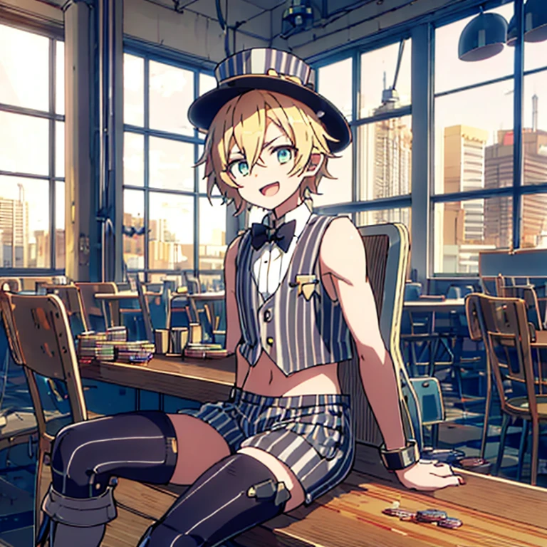 post-apocalyptic, playful open mouth smile anime boy , blonde, one robotic arm, wavy short hair, light muscles, small top hat, crop top pinstripe sleeveless suit jacket, pinstripe dress shorts, high socks, boots, sitting on a large casino table with poker chips, looking at viewer, sunny lighting, large windows in background over looking wasteland, daytime