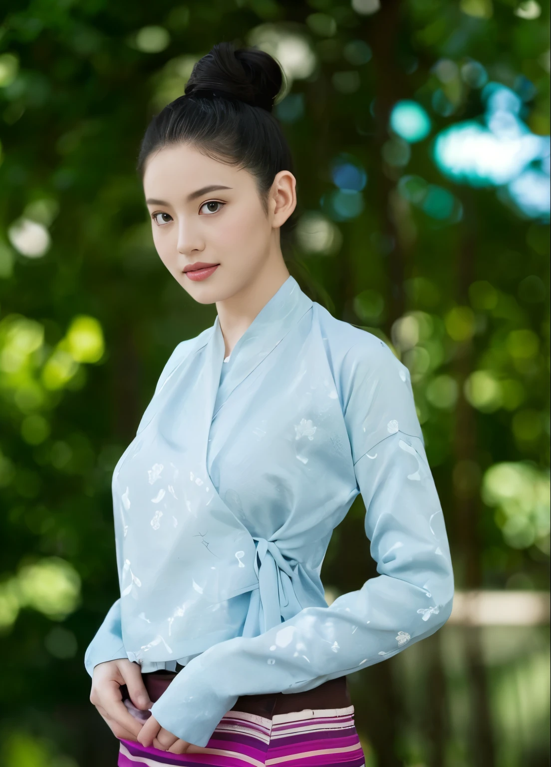 (best quality,4k,8k,highres,masterpiece:1.2),ultra-detailed,(realistic,photorealistic,photo-realistic:1.37),clear lines,light and dark photography,canon photography,crystal clear,detailed eyes and lips,beautiful woman,Tai dress,Shan dress,traditional dress,slim fit dress,Pretty Buttocks, long Hair, Instagram Pattern Pose, standing cute pose, confident, slim girl, big tits:1.2, perfect anatomy, perfect symmetry:1.2, Realistic, realistic face:1.3, perfect face, content, confident, very detailed, and dramatic, cinematic lighting, Lighting scene, soft lights
graceful movement, full body photography, (((masterpiece :1.5))), vibrant colors,exquisite embroidery,detailed patterns,graceful posture,serene expression,natural lighting,rich textures,depth and dimension,warm color tones,gorgeous background scenery,beautiful garden,floral elements,fine brushstrokes,artistic composition,natural poses,photogenic,model-like appearance, full body photography, photorealistic ...