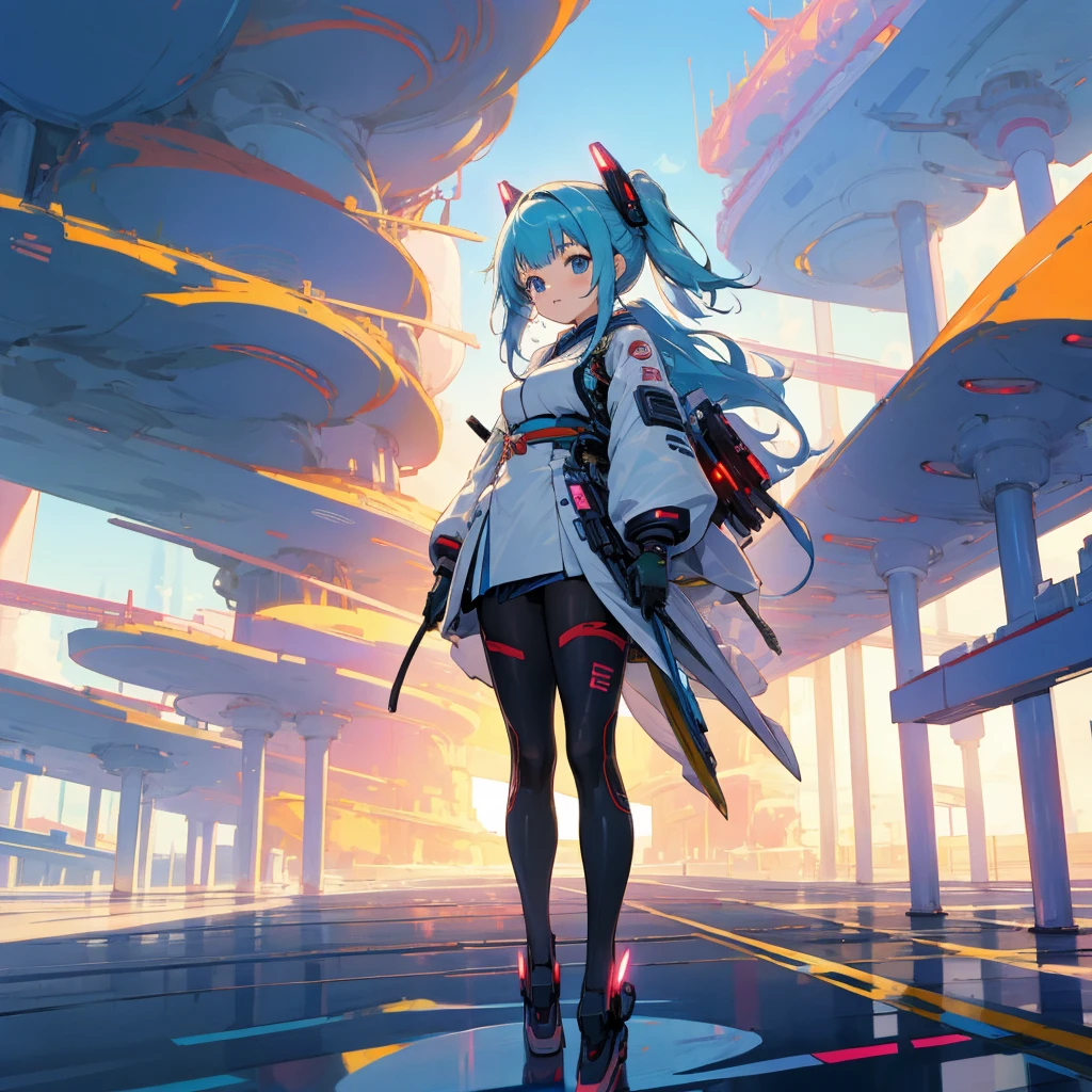 Anime girl standing in a futuristic landscape、Japanese style、Japan Harmony、near future、electronic、