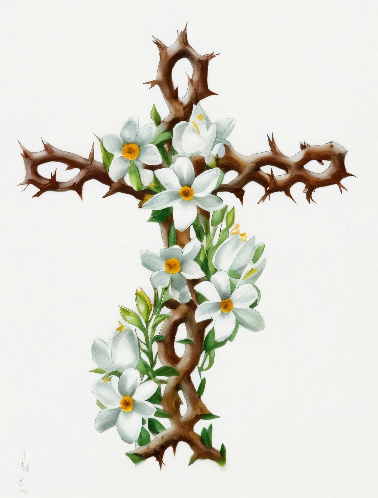 cross with white flowers and thorns on it, cross, holy cross, cross, crosses, thorn crown, 绘制of图像, holy, Profile picture, author：Carlos Trillo, Add details, Easter, cross haching, Artist&#39;s interpretation, Scott, Inspired by Marie Lazcano, cross composition, of, of, jesus on the cross