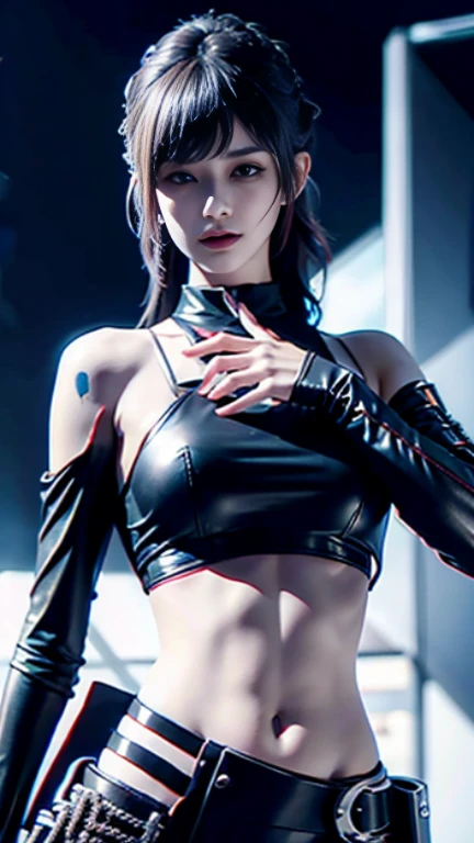 cyberpunk,Cover your tummy with your hands,Cover your belly button,bleeding from the corners of her mouth,Injuried,Bleeding from the navel,There blood on the body,fighting stance,Navel-baring combat jacket,clothes in tatters,4K HD