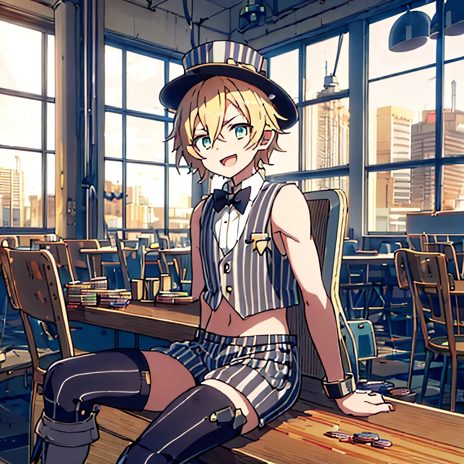 post-apocalyptic, playful open mouth smile anime boy late teen, blonde, one robotic arm, wavy short hair, light muscles, small top hat, crop top pinstripe sleeveless suit jacket, pinstripe dress shorts, high socks, boots, sitting on a large casino table with poker chips, looking at viewer, sunny lighting, large windows in background over looking wasteland, daytime