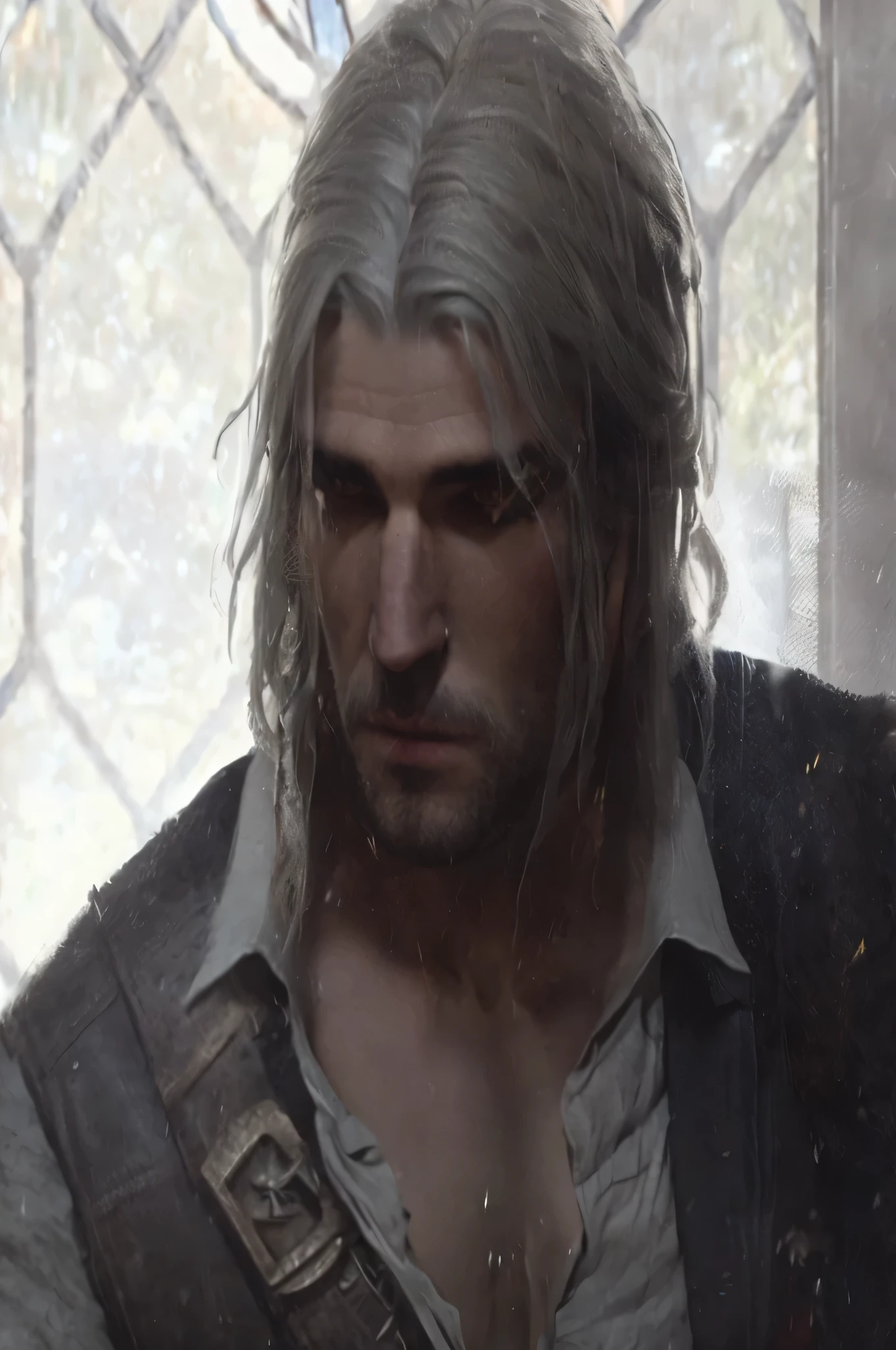 have long hair、Man in a vest, portrait of Geralt of rivia, the that wizard concept art, Geralt of rivia, Geralt, portrait of fin wildcloak, that wizard)), that wizard, fantasy male portrait, from that wizard (2021), ciri, Gurwitz style artwork, the that wizard