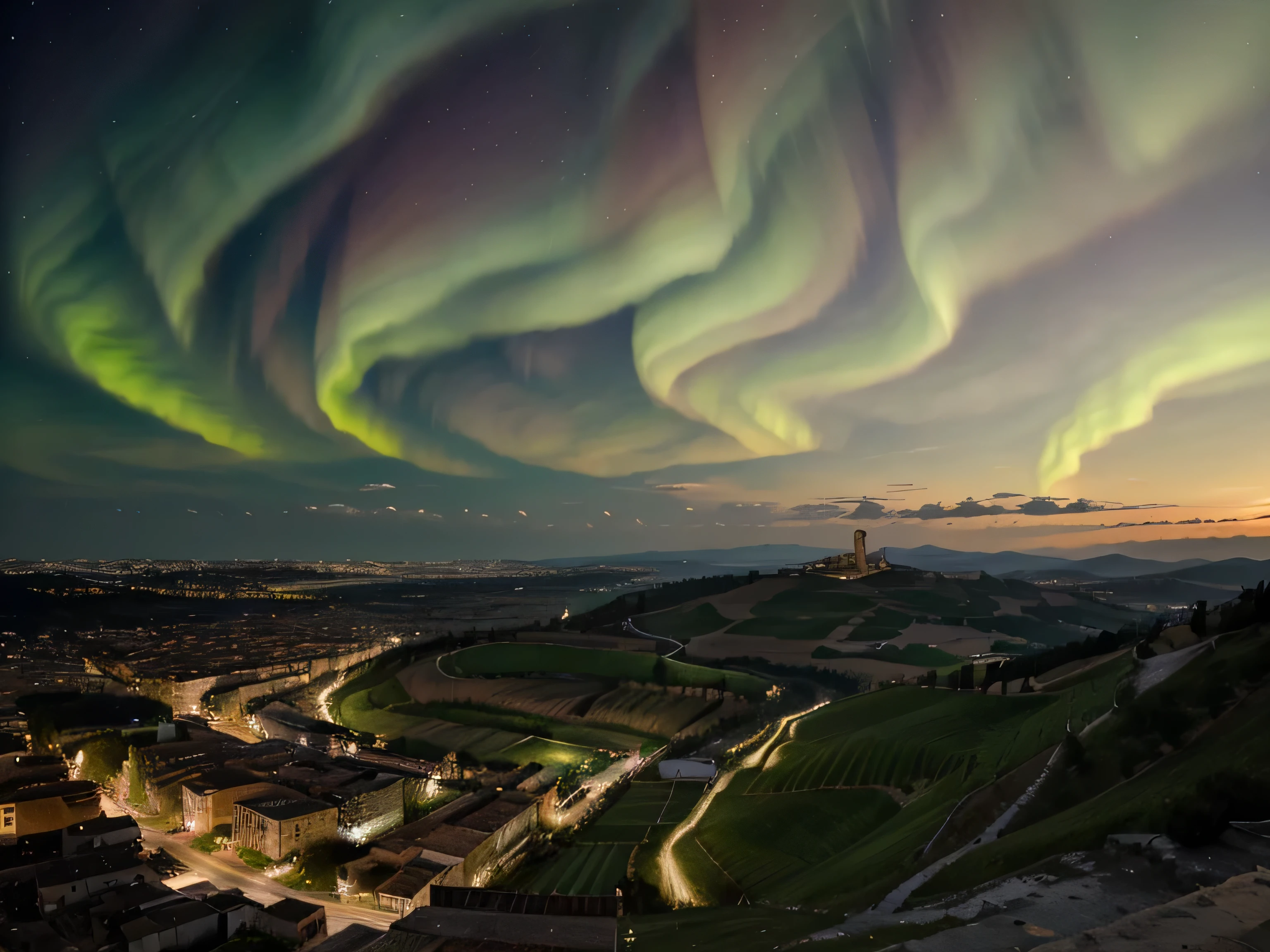 view from above on the panorama of italy with detiled aurora sky