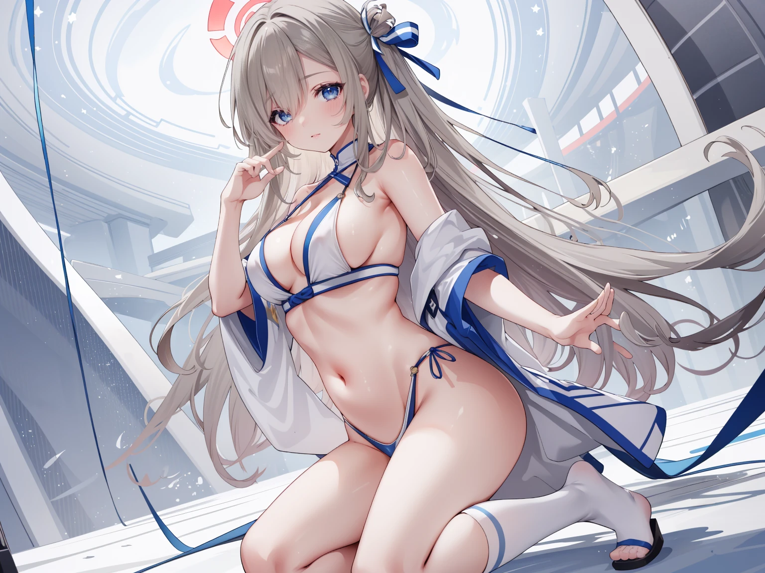 (high resolution), (The best resources), (high quality), (masterpiece), 1 plump girl, Asuna, blue eyes, long gray hair, halo, hair covering one eye, very long hair, light brown hair, (, Cracked Contrast Glue High Socks, Red latex, praying hands logo, looking at the audience, 8K HD RTX, Delicate finger detailing,Obscenity exposed，slim figure，Smile