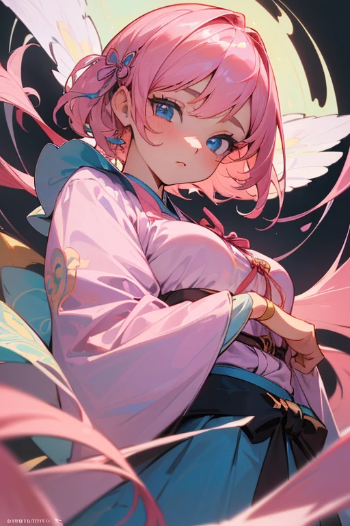 (finely detailed beautiful eyes and detailed face,masterpiece sidelighting,masterpiece,best quality,detailed,high resolution illustration),, (1girl,whole body,bishoujo,lustrous skin,looking down,looking at viewer),, (pink hair,blue eyes,ribbon,hanbok, korean clothes), (clothed_underbust:1.2),underboob,
