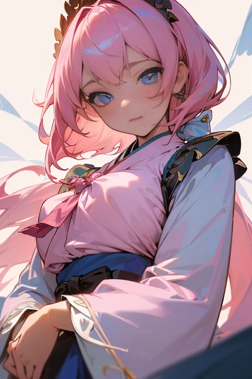 (finely detailed beautiful eyes and detailed face,masterpiece sidelighting,masterpiece,best quality,detailed,high resolution illustration),, (1girl,whole body,bishoujo,lustrous skin,looking down,looking at viewer),, (pink hair,blue eyes,ribbon,hanbok, korean clothes), (clothed_underbust:1.2),underboob,