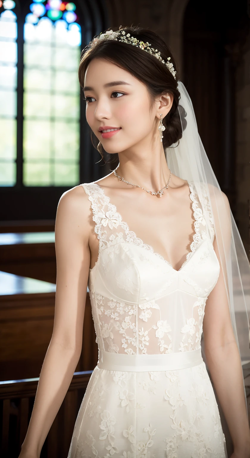 Turbulent posture, (very delicate and beautiful work), (masterpiece), 1girl, girl in sexy lace wedding dress with small flowers on her head, church front veil, lace, high definition, ridiculous, charming expression, smile, beautiful clear eyes, green eyes, delicate necklace, delicate earrings, waist shot, from_below_view, (full body: 1.35), background blur, ultra-fine depiction, beautiful, attractive, ultra-fine painting, delicate face, delicate figure, thin collarbone, nice lips, beauty big, soft back, mix4, (8k, RAW photos, top quality), masterpiece: 1.2), (realistic, photorealistic: 1.37), one girl, cute, professional lighting, photon mapping, radiosity, physically based rendering