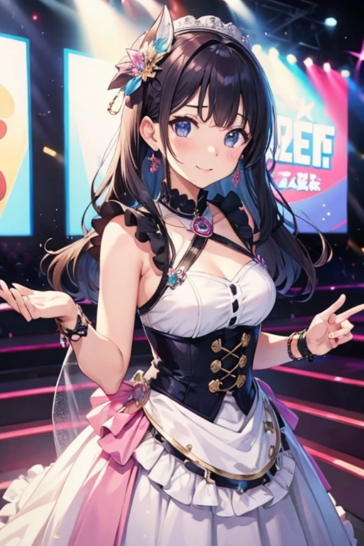 Top quality, ample limbs, perfect fingers, slender beauty, twin-tailed bun hairstyle, brown hair, Deresute, idol costume, beautiful large breasts, live stage, singing