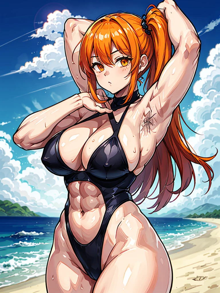 （（（masterpiece、Highest image quality、highest quality、highly detailed unity 8ｋwallpaper）））、（（Illustration of one girl））、（（（beautiful girl）））、（（orange hair、side ponytail、sidelocks：1.4、orange eyes））、（（（stocky build, thickset physique：1.3, muscular legs, broad shoulders, solid chest：1.3、hairy armpits：1.4）））、(armpit hair:1.4)、swimsuit、sandy beach