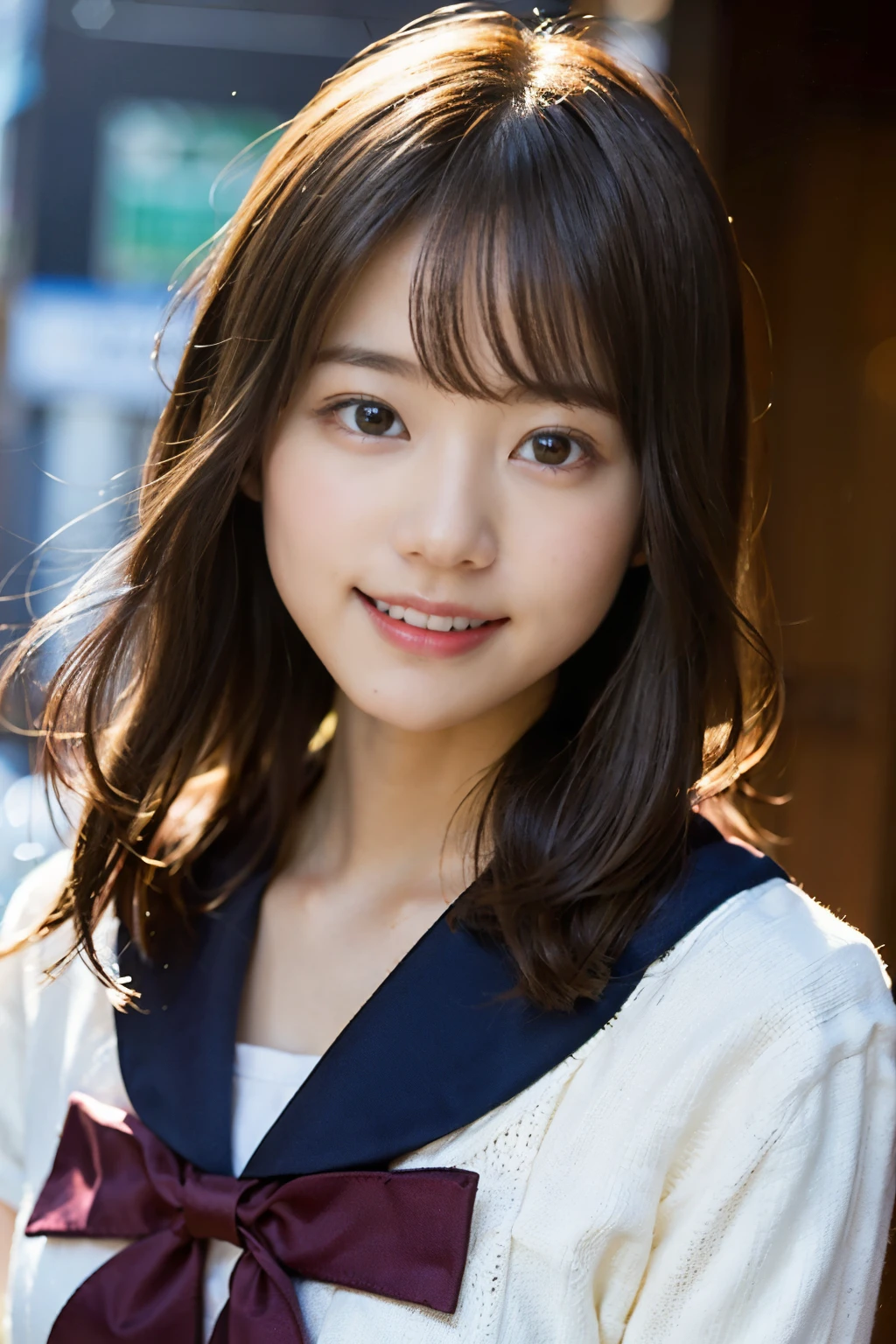 (8K、Raw photography、top-quality、masterpiece:1.2)、(realisitic、Photorealsitic:1.37)、ultra-detailliert、超A high resolution、1人、see the beholder、beautifull detailed face、A smile、Constriction、(Slim waist) :1.3)、Beautiful detailed skin、Skin Texture、Floating hair、Professional Lighting、Whole human body、Longhaire、a blond、japanese hight school uniform、a sailor suit、Bob Hair、E-cup、Happy smile、sixteen years old、Red ribbons、a baby face、Childish smile、Suppin、Moisturizing lips、Thin pink lipackground of the mythical world