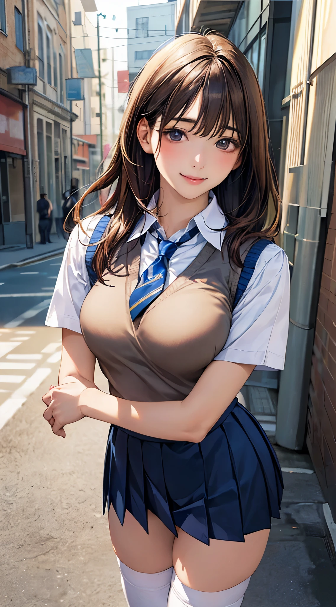 (masterpiece:1.2, top-quality), (realistic, photorealistic:1.4), beautiful illustration, (natural side lighting, movie lighting), 
looking at viewer, cowboy shot, front view:0.6, 1 girl, japanese, high school girl, perfect face, cute and symmetrical face, shiny skin, 
(middle hair:1.8, straight hair:1.7, brown hair), asymmetrical bangs, gold eyes, (large breasts:1.1, thick thighs), 
beautiful hair, beautiful face, beautiful detailed eyes, beautiful clavicle, beautiful body, beautiful chest, beautiful thigh, beautiful legs, 
((light blue collared shirts, navy pleated mini skirt, socks, navy tie, navy vest, white thighhighs)), pink panties, 
(beautiful scenery), evening, street, vibrator in thighhighs, (lifting skirt myself, ), (dildo under clothes),
(lovely smile, upper eyes), 