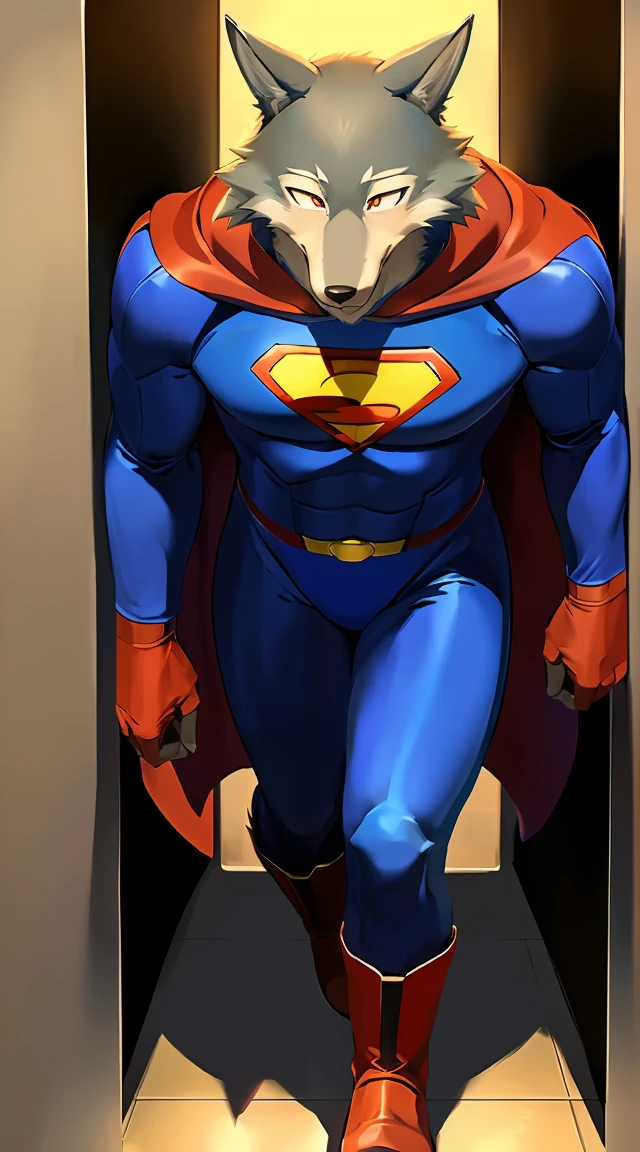 solo, wolf, male, legoshi_(lora), grey fur, grey hand, hi res, soft shading, ( detailed fur 1.1 ), (surprise expression), ( solo 1.1) (detailed), (masterpiece: 1.2), ( full body head to toe show), wearing a superman costume, ( red and blue bodysuit) (spandex superman costume: 1.1), (tight), (red speedo), (red cape), (red boots) red cape, front view, dim-lit, restroom, (hiding inside the bathroom stall cubicle), by chunie by itagaki paru