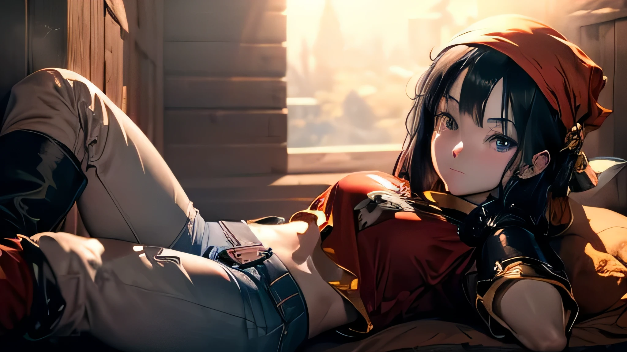 (8k, best quality, masterpiece:1.2), ultra-detailed, Masterpiece, realistic lighting,masterpiece, best quality, masterpiece, official art,extremely detailed CG unity 8k wallpaper,beautiful detailed eyes, light on face, 1girl, pan,red shirt, jeans, bandana, black Hair, full body