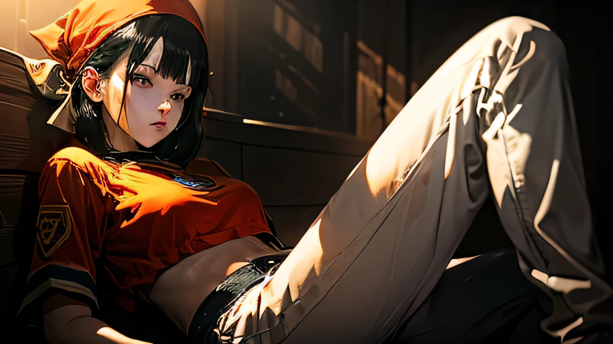 (8k, best quality, masterpiece:1.2), ultra-detailed, Masterpiece, realistic lighting,masterpiece, best quality, masterpiece, official art,extremely detailed CG unity 8k wallpaper,beautiful detailed eyes, light on face, 1girl, pan,red shirt, jeans, bandana, black Hair, full body