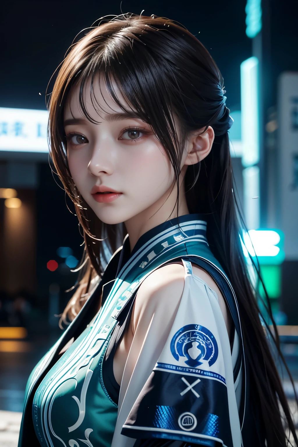 Masterpiece，The best qualities，Very high resolution，8K，((Portrait))，((Head close-up))，Original photo，real photo，数码摄影， (Cyberpunk-style female cops of the future world)，(Fighting girl)，22岁少女，(Long hair in a casual style，Blue)，An eye rich in detail，((Lachrymal nevus))，嘴唇光泽，(优雅迷人，冷漠高贵)，(Futuristic electronic style clothing，Complex electronic pattern design，An ancient and mysterious pattern，Red and black)，赛博朋克人物，未来风格， 拍照姿势，街道背景，Movie lights，Ray tracing，Game CG，((3D Unreal Engine))，oc渲染反射纹理