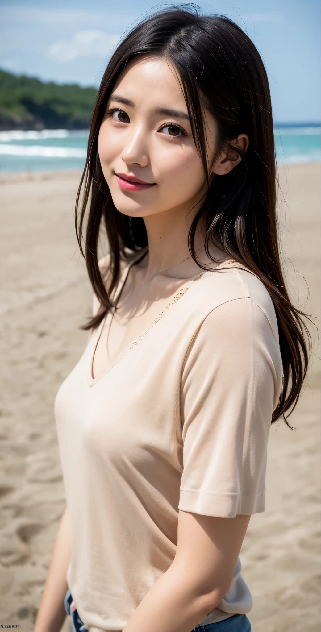 Extremely realistic，stand up straight，The most beautiful woman here，beach，4086kbit，Extreme details，The truth of the skin and the texture of the skin，plenty of sunshine，Yua Mikami，，Yui Aragaki，Mitami Hamabe，Rei Honjo，Yu Namiki，Yu Shinoda，Upper body close-up，Casual Clothing，