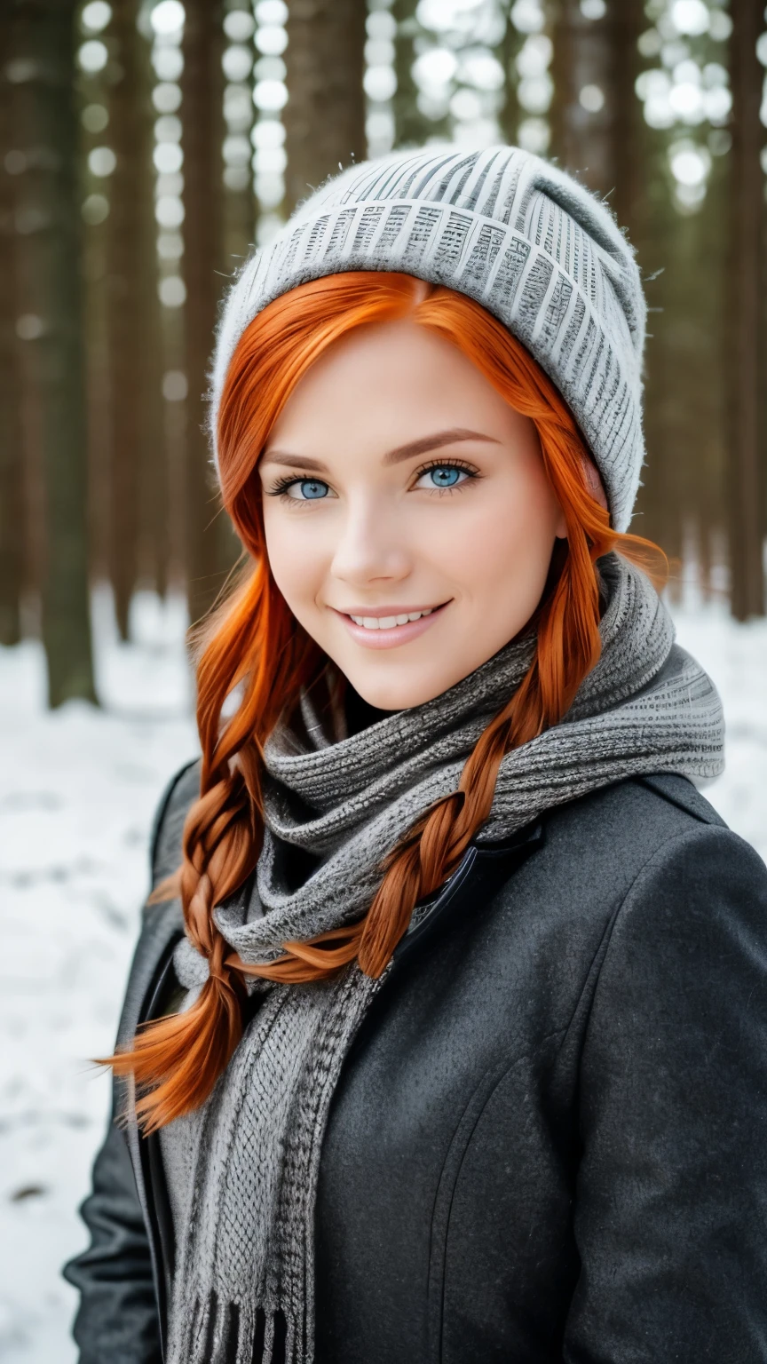 Hyperrealistic and detailed full body photo of a young woman, smiling red haired beautiful woman. Winter. Die Sonne scheint. Perfekte Augen, (Augen-Make-up:1.1), (Hochdetaillierter Skin:1.1), .RAW, Analoger Stil, Scharfer Fokus, 8K UHD, DSLR, High quality, Fujifilm XT3, Korn, awards winning, Meisterwerk.