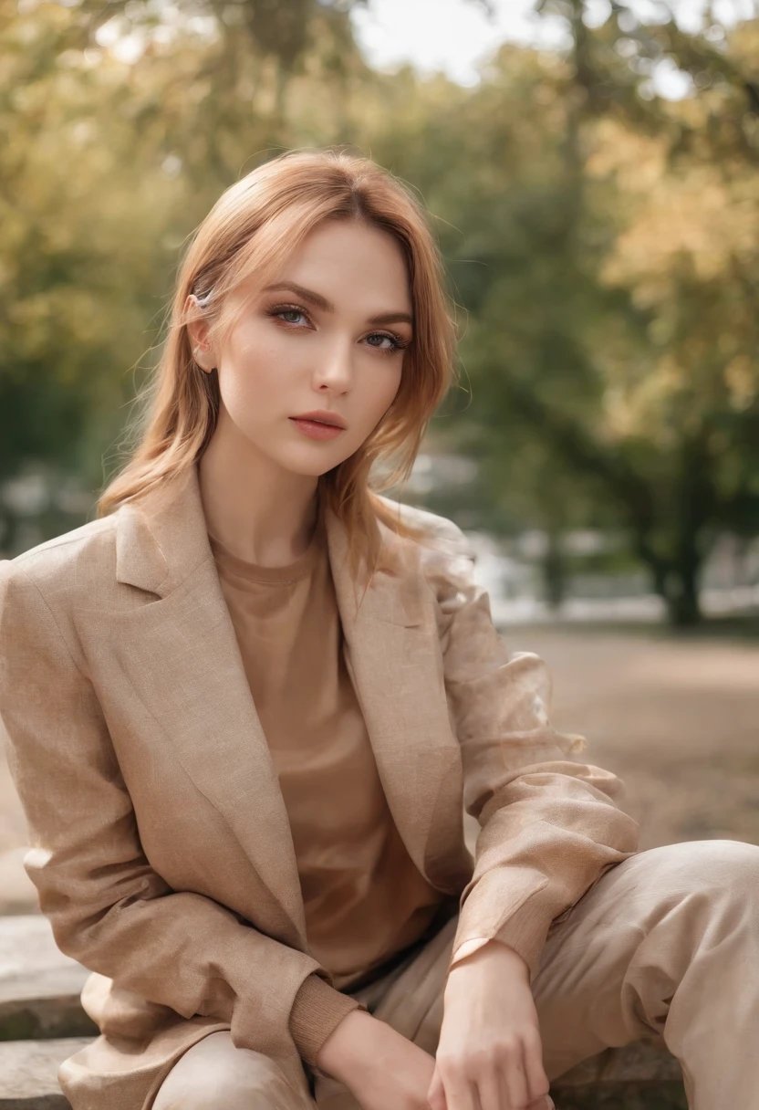 michell with peaceful face, happy, sitted in the park town, high contrast, professional lighting, uhd
