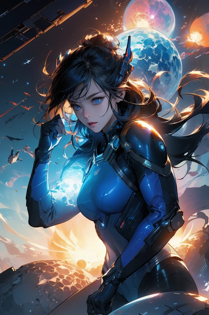 (masterpiece、quality、quality、official art、very detailed、beautiful:1.2)、(1 girl in),cosmic space、cyberpunk characteruture space combat suit、((nebula))、Delicate light、intuitive、Precise focus、Cinema 4D、dramatic、