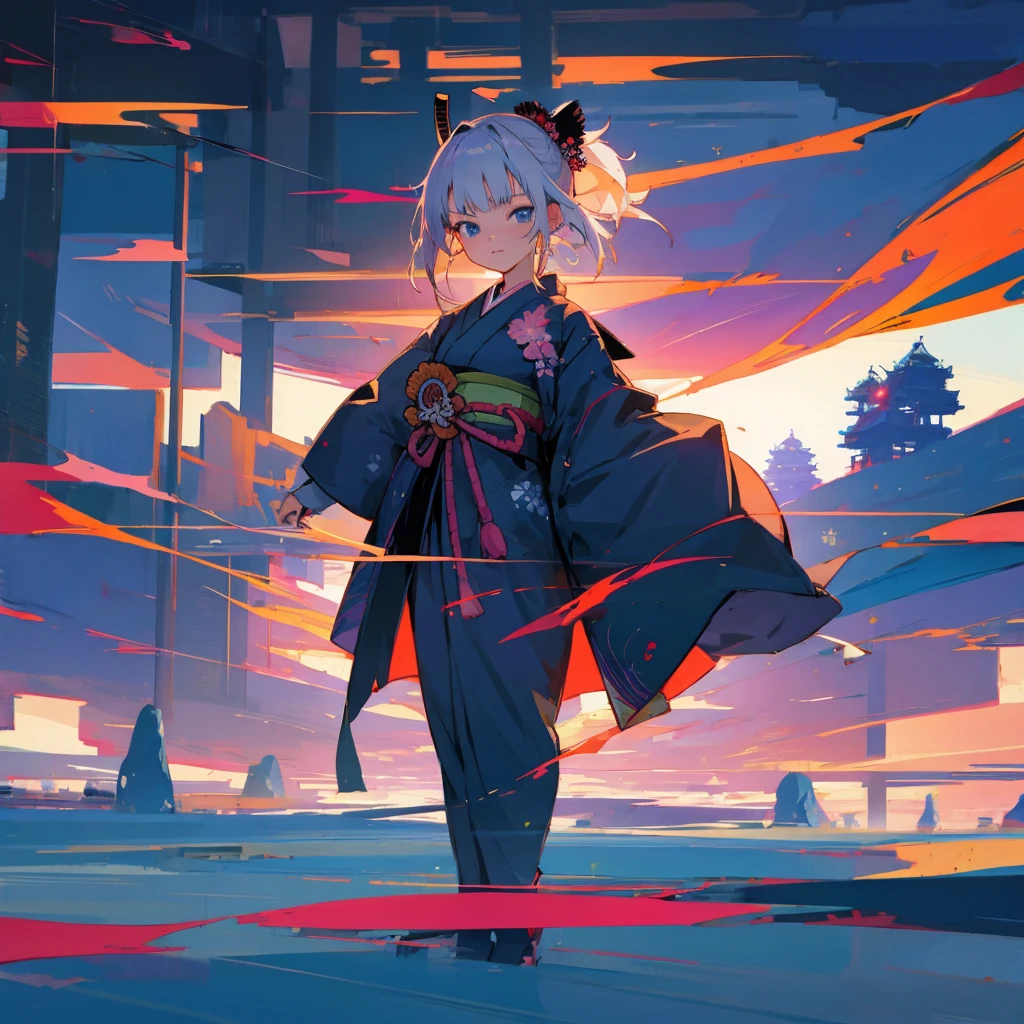 samurai、Anime girl standing in an electronic landscape、Japanese style、Japan Harmony、near future、
