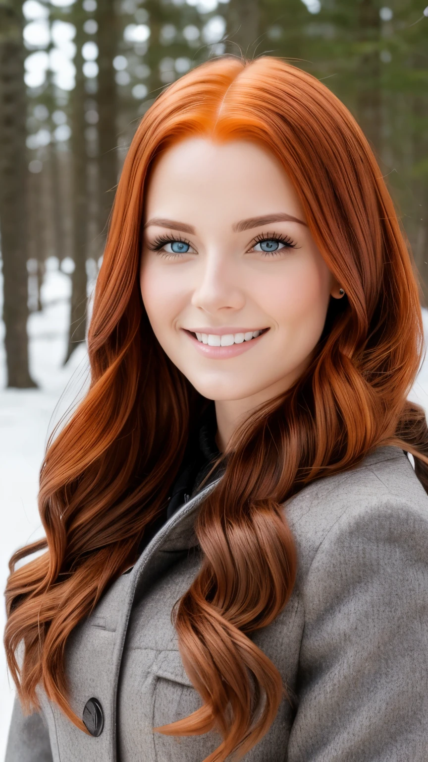 Hyperrealistic and detailed full body photo of a young woman, smiling red haired beautiful woman. Winter. Die Sonne scheint. Perfekte Augen, (Augen-Make-up:1.1), (Hochdetaillierter Skin:1.1), .RAW, Analoger Stil, Scharfer Fokus, 8K UHD, DSLR, High quality, Fujifilm XT3, Korn, awards winning, Meisterwerk.