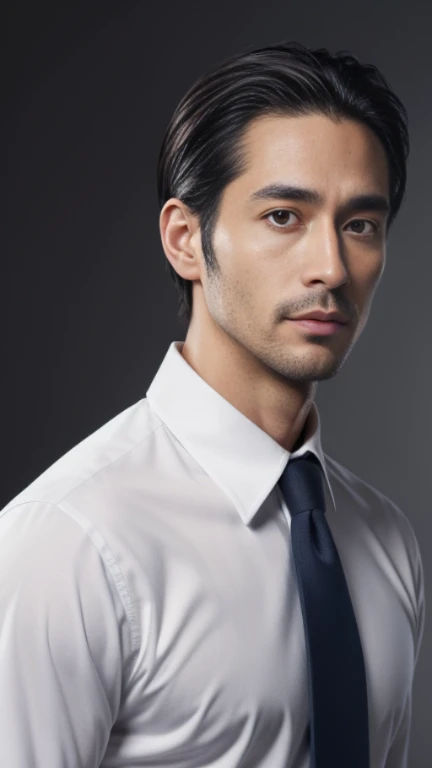 (the Extremely Detailed CG Unity 8K Wallpapers,masutepiece, Best Quality, Ultra-detailed), Gray background, 35-year-old male living in Japan, 35 year old male city hall employee, Sporty hairstyle, A dark-haired, narrow facial contours, tthin eyebrows, Sharp eyes, high and thin nose, thin lipss, Physical slim, Shirt and tie, Strong impression