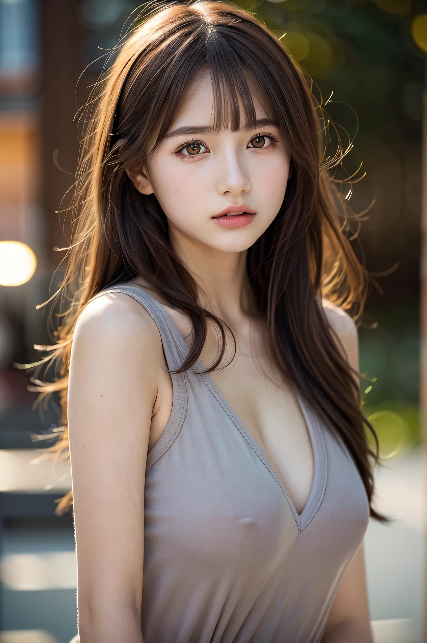 (best quality), (ultra-detailed), (llustration), (detailed light), (an extremely delicate and beautiful), ung girl, brown hair, brown eyes, model, bare shoulders, best quality, extremely detailed CG unified 8k wallpaper, High-definition raw color photos, professional photograpy, (((Bokeh))), depth of fields, twilight, sunset,